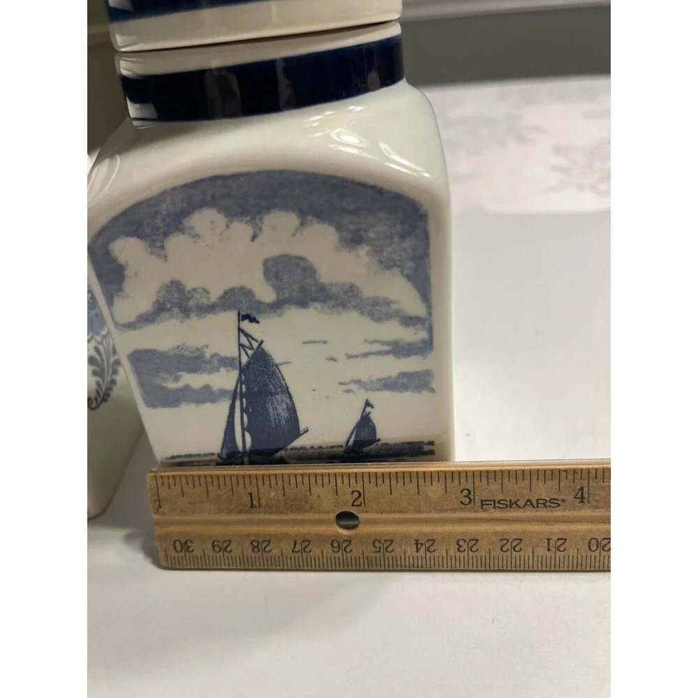 Pair of Delft Blue White Lidded Jars Spice Vanity Windmill Sailboat